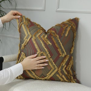 Orange Red Gray Fringe Pillow Cover, Moroccon Geometric Fringe Pillow, boho pillow cover,Embroidery with Tassels, Decorative Pillow