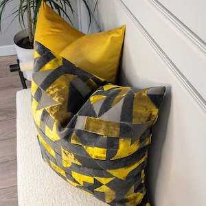 Mustard Yellow Gray Geometric Pillow Cover, Soft Textured Cud Velvet Fabric Cushion, Gold Decorative Modern Art Pillow