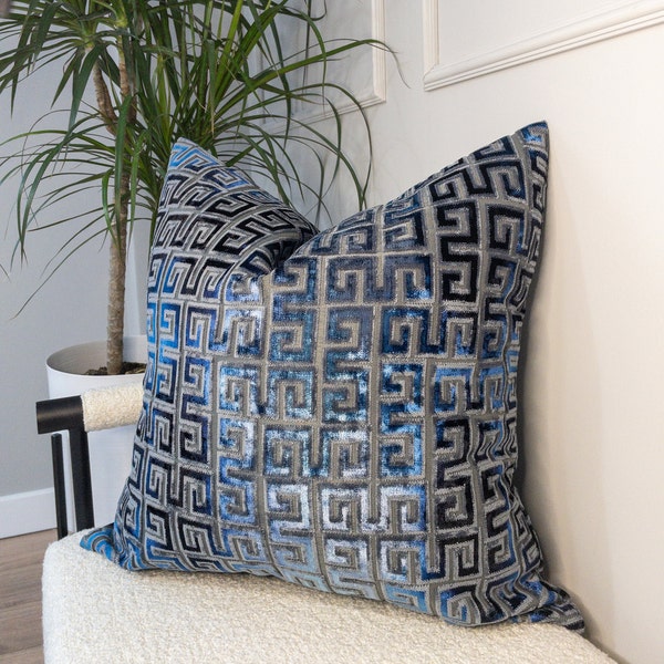 Navy Blue And Gray Velvet Greek Key Pillow Cover, Navy Geometric Pillow,  Soft Textured Cut Velvet Fabric, Accent Pillow