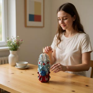 Hand Carved Candle: Large Colorful Floral Paraffin Sculpture