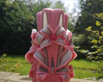 Handmade Carved Candle: Pink Unscented Paraffin Gift (12 cm)