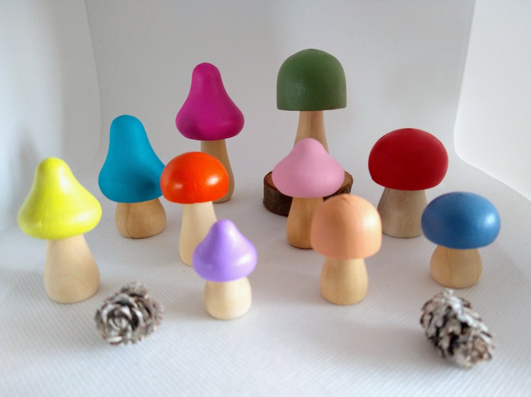 Mushrooms Play Therapy Wooden Figures Toys Set of 10 Etsy