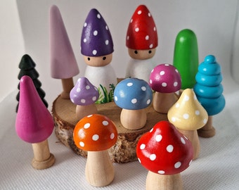 Ensemble Gnome - Champignons - Thérapie par le jeu - Figurines en bois - Jouets - Ensemble de 13