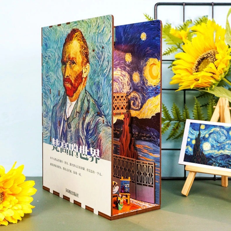 DIY Wooden Alley Book Nook Shelf Insert, Book Nook Van Gogh, DIY Book Nook Craft Kits With Light, Bookend Decoration, Book Accessories 