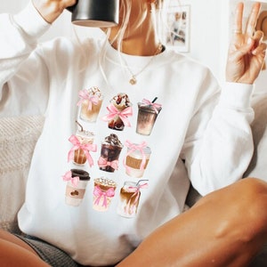 Coquette ribbon sweater, Coquette Iced Coffee Sweatshirt, Iced Coffee Cup with Ribbon Coquette Coffee Lover Pink Bow Coffee Cup, Coffee gift