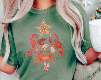 Comfort Colors Crustaceancore Christmas Shirt, Crab Shirt, Lobster Shirt, Crab Gifts, Cottagecore Shirt, Ocean Lover Gift, Ocean Blush Tee