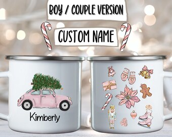 Tazza di Natale in smalto personalizzata, Regalo di Natale, Tazza di coppia di Natale, Tazza per bambini personalizzata, Tazza per auto di Natale, Tazza rosa, Tazza da campo di Natale
