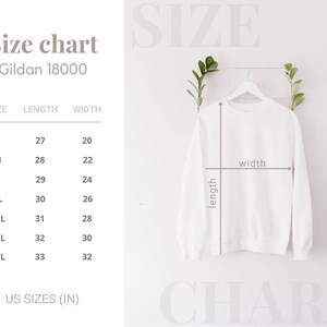 May include: Size chart for Gildan 18000 sweatshirts, showing measurements in inches for sizes S through 4XL. The chart lists length and width measurements for each size.