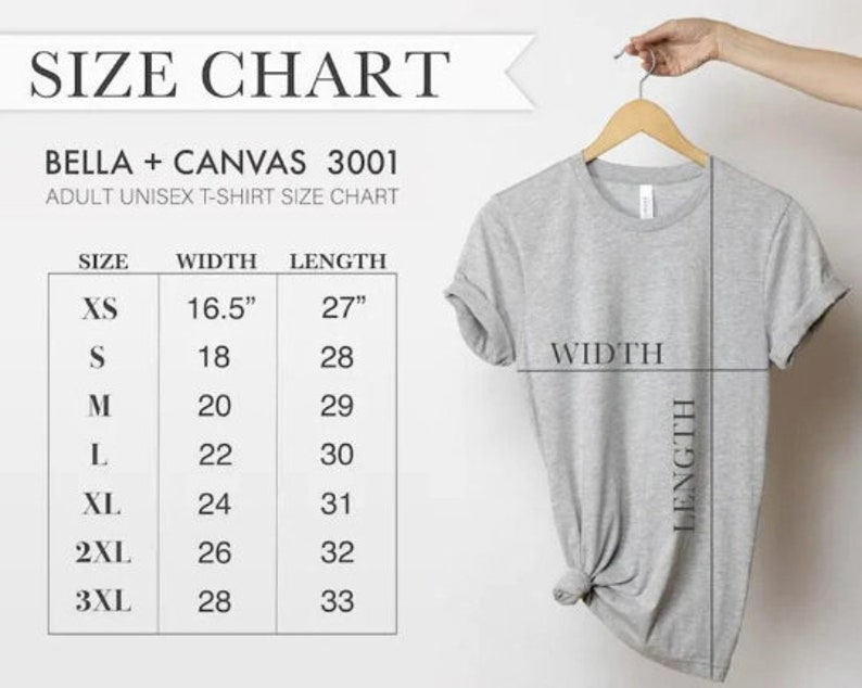 May include: A size chart for Bella + Canvas 3001 adult unisex t-shirts. The chart shows the width and length measurements in inches for sizes XS to 3XL.