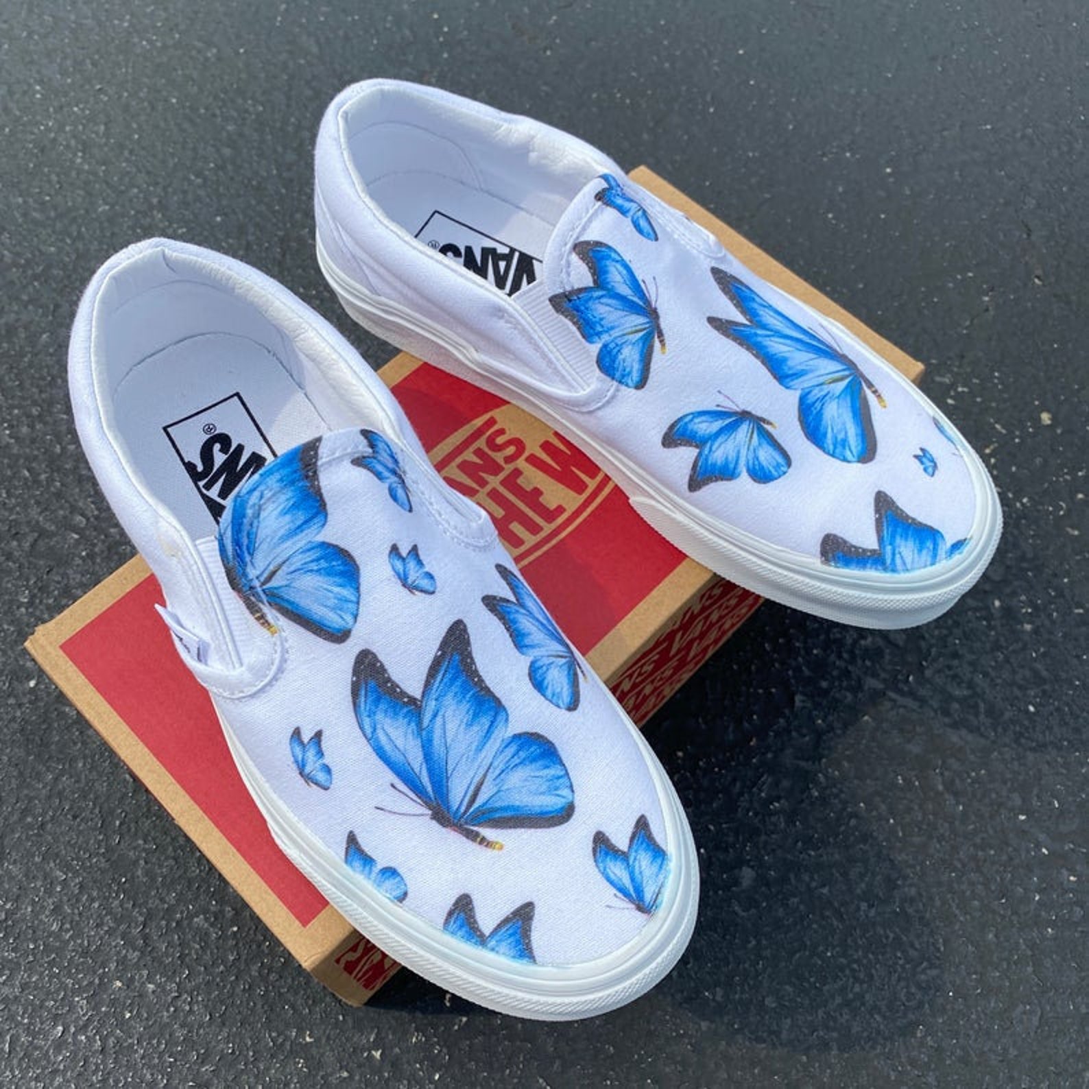 Blue Butterfly White Slip On Vans Butterfly Slip On Vans Etsy
