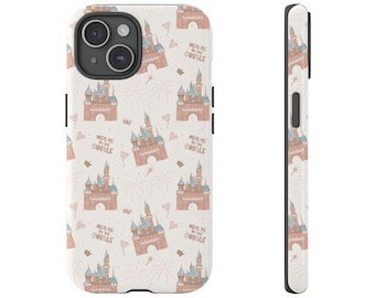 May include: White phone case with a repeating pattern of a fairytale castle in pink and brown. The case also features fireworks, crowns, and the text "Meet me in the castle".