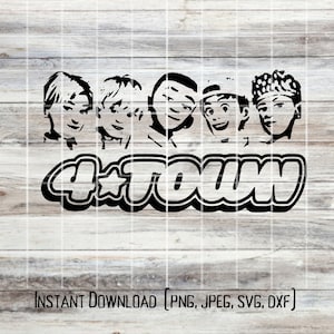 Può includere: Illustrazione digitale in bianco e nero di cinque volti di cartoni animati con il testo "4*TOWN" in un carattere in grassetto e stilizzato.