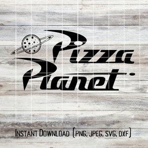 May include: Black and white logo for Pizza Planet, a fictional restaurant from the movie Toy Story. The logo features a stylized pizza with a planet ring around it and the words "Pizza Planet" in a bold, retro font.