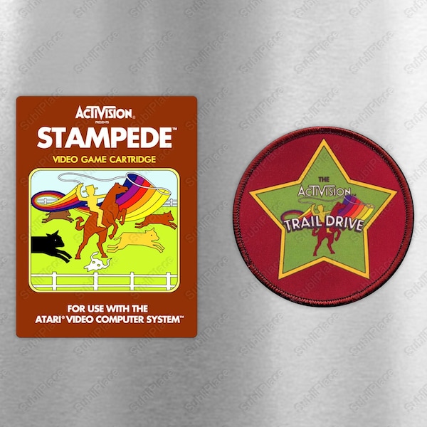 Atari 2600 Stampede Box Cover & Activision Trail Drive Patch Replica Fridge Magnet Set - 3"x4" and 3" Metal Plates - Images are sublimated