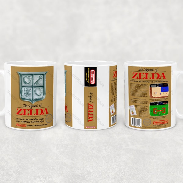 The Legend Of Zelda NES video game 11 oz Coffee Mug - Images of Front and Back Box Covers and Box Spine - Image is sublimated into the mug