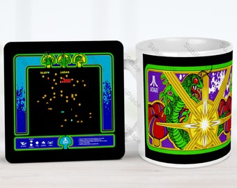 Centipede Arcade Game Marquee 11 oz Coffee Mug & Matching Bezel with Screenshot Coaster Set - 3.75" cork coaster - Images are sublimated
