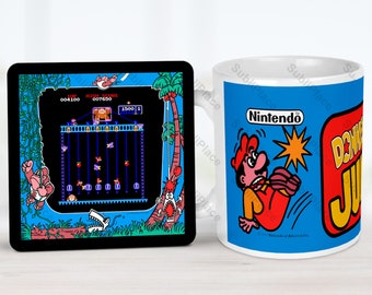 Donkey Kong Junior Arcade Game Marquee 11 oz Coffee Mug & Matching Bezel and Screenshot Coaster Set - 3.75" cork coaster - Images sublimated