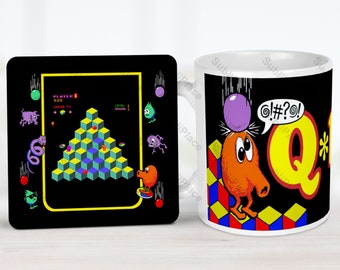 Q*bert Arcade Game Marquee 11 oz Mug & Matching Bezel with Screenshot Coaster Set - 3.75" cork backed coaster - Images are sublimated