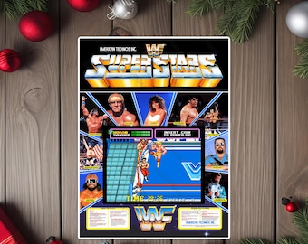 May include: A vintage arcade game cabinet with a colorful image of wrestlers on the front. The game is called "WWF Superstars" and features the text "Insert Coin to Power Up".