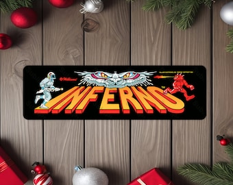 Inferno Arcade Game Marquee image on a 4"x13.5" Metal Plate - High gloss with rounded corners - Image is sublimated into the plate