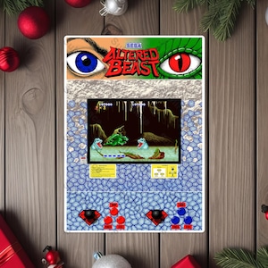 May include: A framed arcade game cabinet featuring the Sega game "Altered Beast." The top panel displays a blue eye and a red eye with the game's title. The game screen shows a level with creatures. The cabinet has a blue and white patterned design.