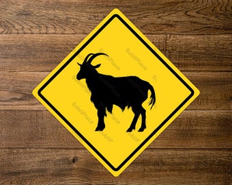Goat Crossing Sign Metal Plate - 8" long sides - 11.25" across to plate corners - High gloss with rounded corners - Image is sublimated