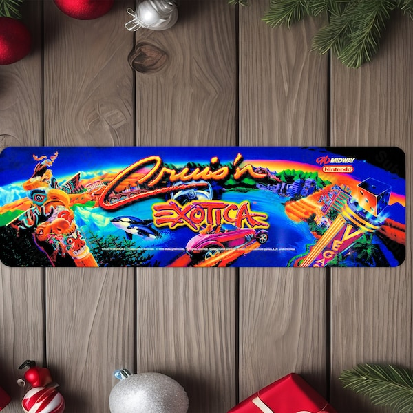 Cruis'n Exotica Arcade Game Marquee 4"x13.5" Metal Plate - High gloss with rounded corners - Image is sublimated into the metal plate