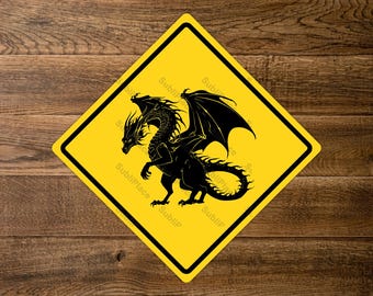 Dragon Crossing Sign Metal Plate - 8" long sides - 11.25" across to plate corners - High gloss with rounded corners - Image is sublimated