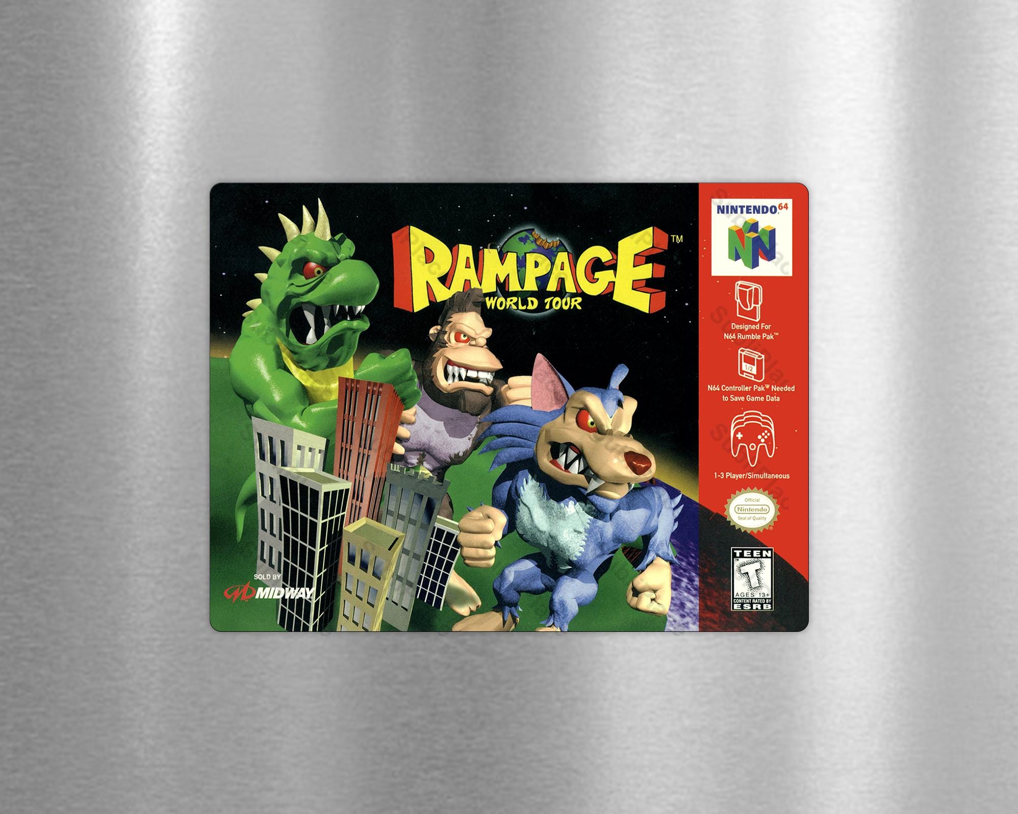 N64 Rampage World Tour - Video Game Box Cover Image on a Fridge