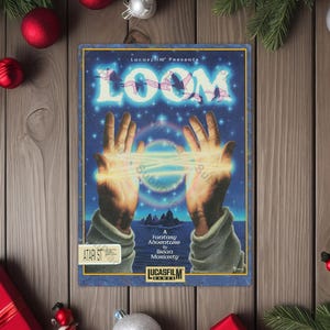 May include: A vintage video game box for "Loom" featuring a blue and gold design. The artwork depicts two hands with glowing energy, with the game's title in large, stylized letters. The box is surrounded by Christmas decorations.
