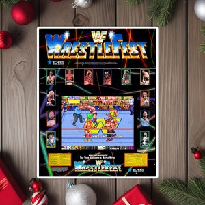 May include: A retro arcade game cabinet with a colorful image of wrestlers in a ring. The game is called "WWF Wrestlefest" and is made by Technos.