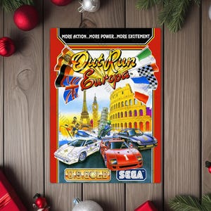May include: A retro video game box art for "Out Run Europa" featuring sports cars, European landmarks, and flags. The artwork has a red border with the Sega and U.S. Gold logos. The game title is in a yellow, stylized font.