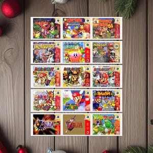 May include: A collection of 15 Nintendo 64 game cartridges, including titles like Mario Kart 64, Super Mario 64, Donkey Kong 64, and Zelda. The cartridges are arranged in three rows of five, with the titles facing the viewer.