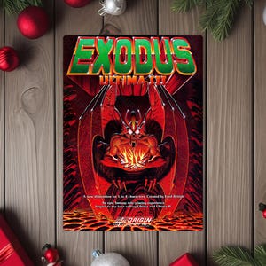 May include: A vintage video game box for "Exodus: Ultima III" featuring a fiery demon illustration. The title is in green and gold, with additional text describing the game as an epic fantasy role-playing experience. The box is surrounded by Christmas decorations.