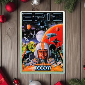 May include: A framed vintage poster with the word "EPIC" in blue neon lettering. The artwork depicts a space scene with planets, spaceships, and a pilot in a helmet. The word "ocean" is at the bottom.