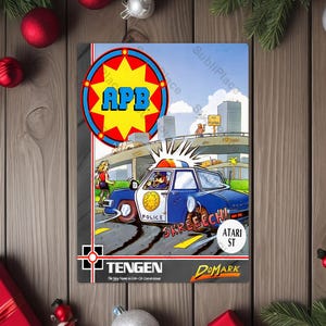 May include: A retro video game box featuring a police car in pursuit. The cover art includes the text "APB" in a circular emblem, a cityscape, and the words "SKREEECH!" and "POLICE". The Atari ST and Tengen logos are also visible.