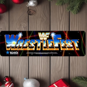 WWF WrestleFest Arcade Game Marquee 4"x13.5" Metal Plate - High gloss with rounded corners - Image is sublimated into the metal plate