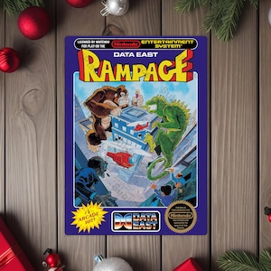 May include: A vintage Nintendo Entertainment System game cartridge for "Rampage." The cover art features a gorilla and a lizard destroying buildings, with the "Data East" and "Nintendo" logos prominently displayed. The game is labeled as an "#1 Arcade Hit!"