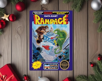 May include: A vintage Nintendo Entertainment System game cartridge for "Rampage." The cover art features a gorilla and a lizard destroying buildings, with the "Data East" and "Nintendo" logos prominently displayed. The game is labeled as an "#1 Arcade Hit!"