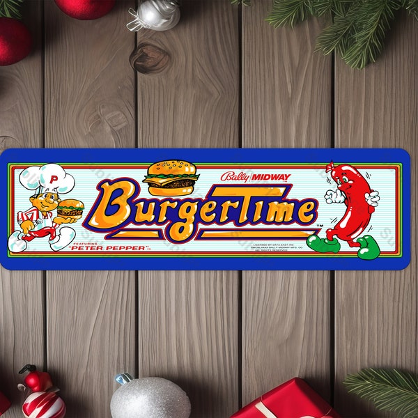 BurgerTime Arcade Game Marquee 4"x13.5" Metal Plate - High gloss with rounded corners - Image sublimated into the metal plate - Burger Time