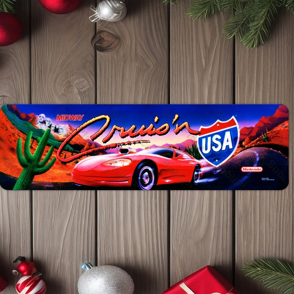 Cruis'n USA Arcade Game Marquee 4"x13.5" Metal Plate - High gloss with rounded corners - Image is sublimated into the metal plate