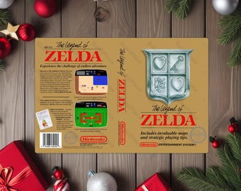 May include: A tan-colored video game box for "The Legend of Zelda" featuring the game's title in red, a silver crest, and game screenshots. The box includes the Nintendo logo and the text "Includes invaluable maps and strategic playing tips."