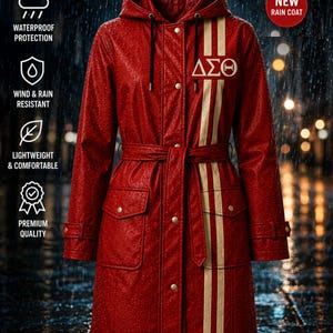 Delta Sigma Theta Raincoat | Waterproof Sorority Rain Jacket | Crimson Rain Gear | Women's Hooded