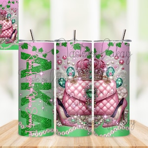 Envoltura para vaso de hermandad para sublimación png de 20 onzas - Alpha Kappa Alpha Sorority, Inc., 1908, Chicas guapas, rosa y verde, SkeeWee
