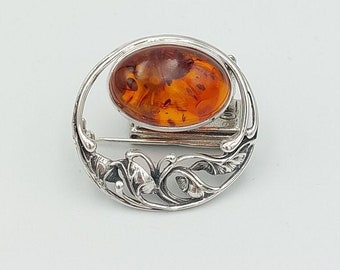 Broche Vintage Argent Et Ambre, Bijou Ancien - Occasion