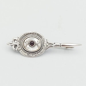Sterling silver 925 brooch vintage handmade  carved design oval sword with  stones amethyst