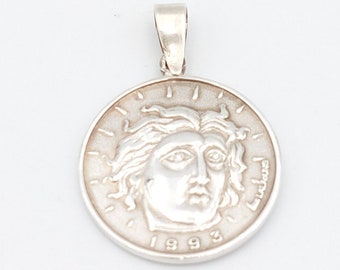 Sterling silver 925 lucky pendant 1993  ilias lalaounis double view drawing ancient god Apollo and rose  vintage handmade