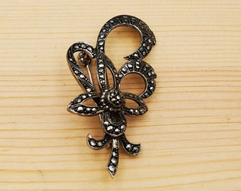 Broche Vintage Pierre Strass Incolore Bleu Métal Argenté 12,0