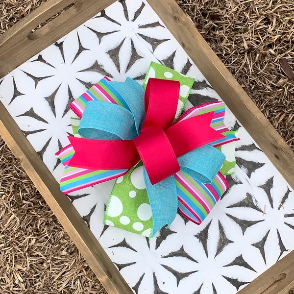 Bright Bow, wreath bow, summer bow, fuchsia bow, green polka dot bow, colorful striped bow, spring bow, door hanger bow, everyday bow,