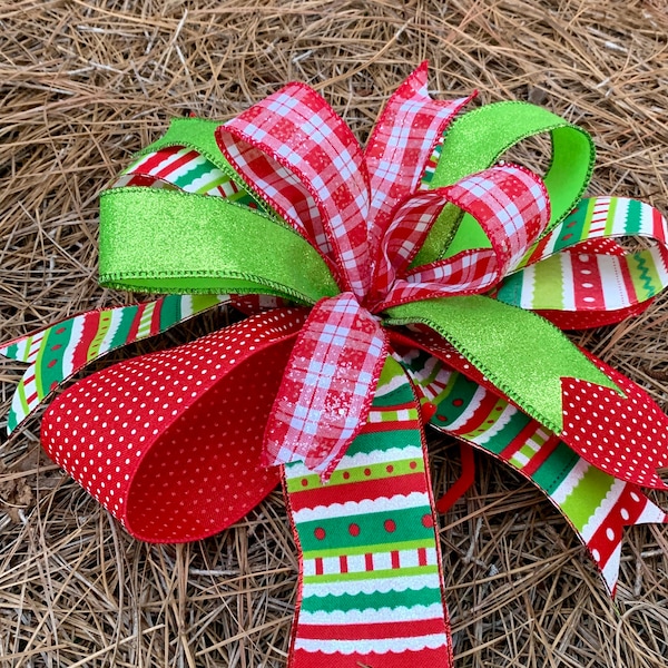 Christmas Bow:Red and White and Lime and Emerald Green Glitter and Red Swiss Dot with Red and White Frosted Plaid Ribbon. High Quality.14.00